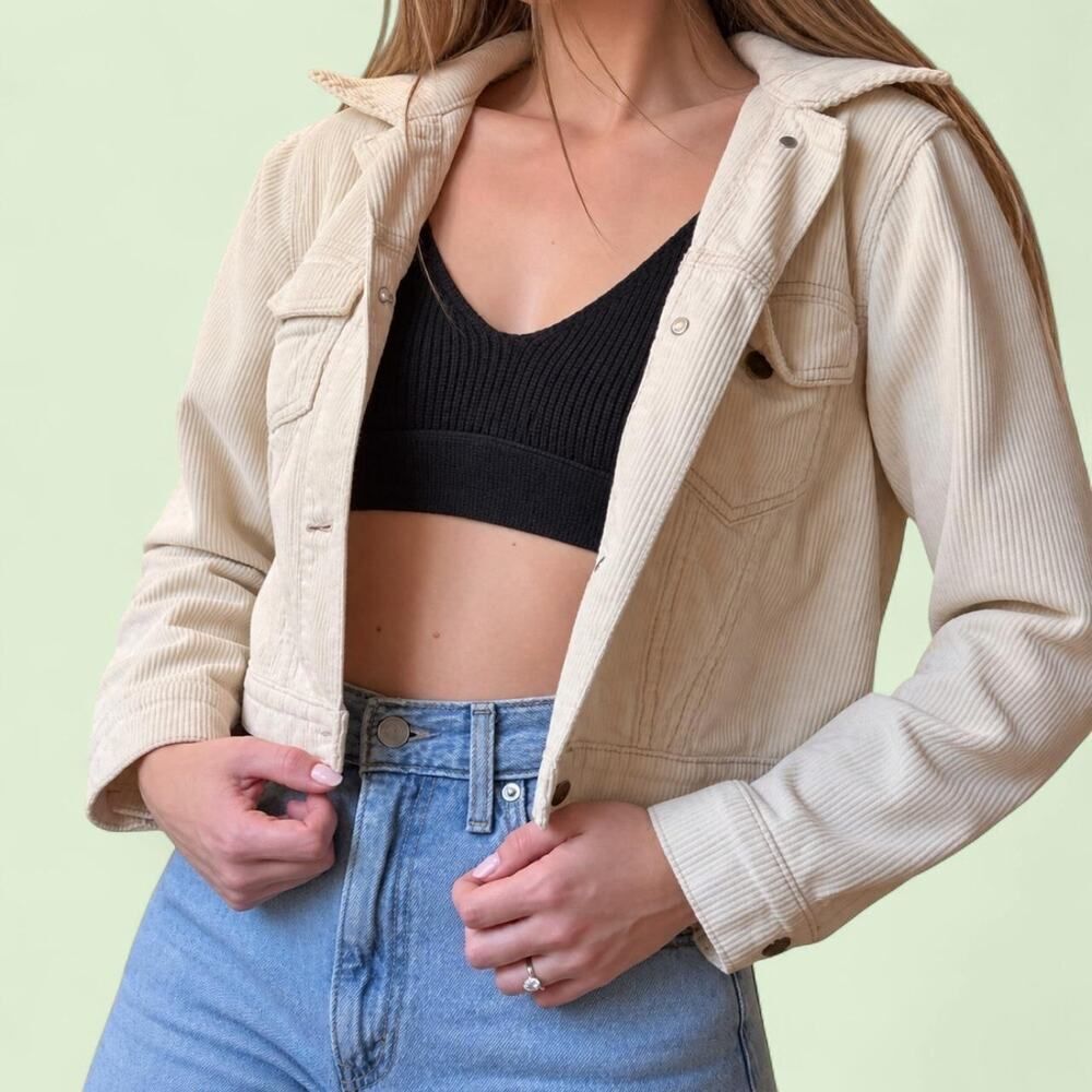 Hollister California Cream Corduroy Jacket Brown Stitching Trucker Crop Small